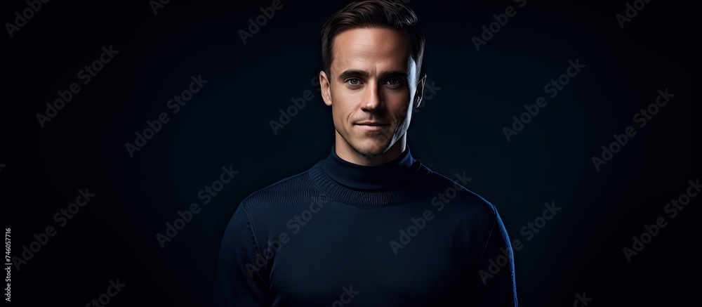 Sticker portrait of handsome man fashion model in blue sweater on dark studio background