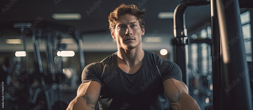 Poster young man engaged in intense weightlifting training at the gym