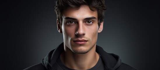Mysterious man in black hoodie against dark backdrop with compelling expression