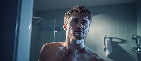 Young man grooming and shaving his face in a modern bathroom - obrazy, fototapety, plakaty