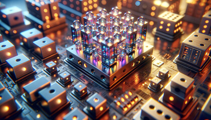 Joyful close-up of shimmering quantum sensors in a futuristic lab with warm lighting. - obrazy, fototapety, plakaty