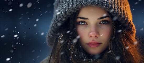 Enchanting Woman Embracing Winter Magic Amidst Whirling Snowflakes