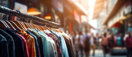 Vibrant Shirts Displayed on a Street Market Clothing Rack with Abstract Blurred Background - obrazy, fototapety, plakaty