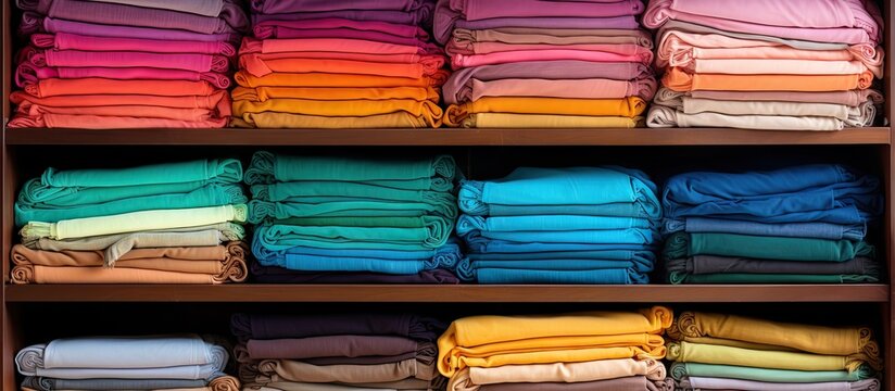 Vibrant Fabric Bundles Displayed on Asian Store Shelf with Colorful Collections