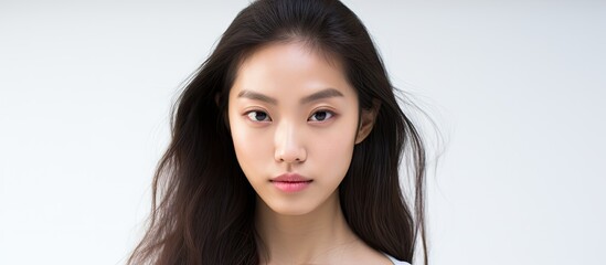 Serene Asian Woman with Long Hair in White Shirt Posing Gracefully on White Background