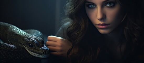 Seductive Woman with Snake Tattoo Embracing Reptile with Intense Stare in Moody Studio Setting