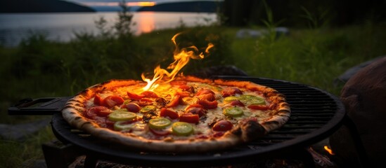 Rustic Camping Adventure: Cooking Pizza on Portable Grill Over Open Fire in Norwegian Wilderness