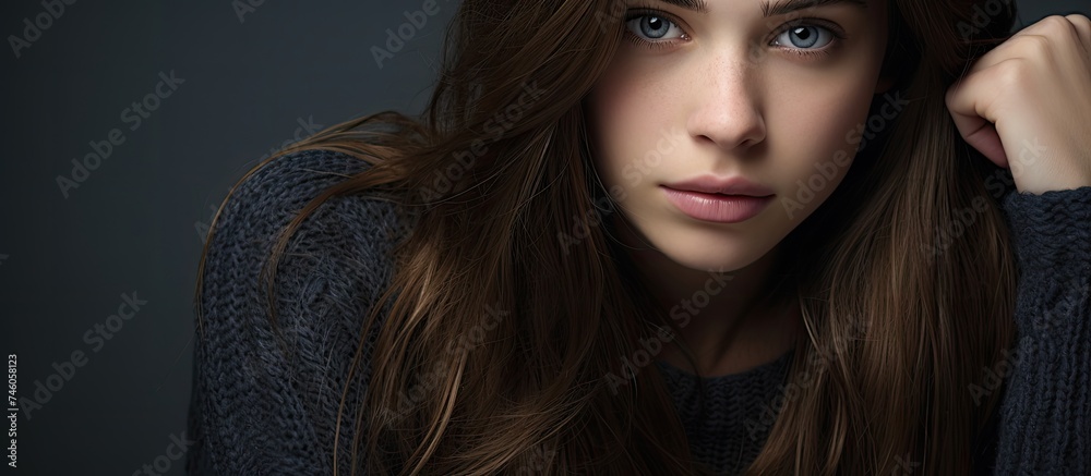 Wall mural captivating beauty of a teenage girl with long brown hair in stylish attire