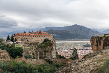 Fototapeta na wymiar Panoramic view to Meteora Monasteries near Kalambaka village Thessaly Greece pilgrimage tourism