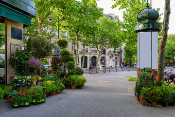 Cozy street with flower shop in Paris, France. Cityscape of Paris. Architecture and landmarks of...
