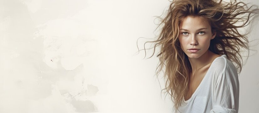 Expressive Woman with Disheveled Long Hair on White Background