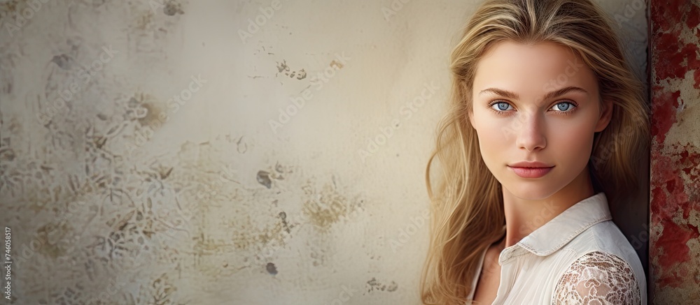 Poster Elegant Woman with Flowing Blonde Hair Posing Gracefully Against a Textured Wall