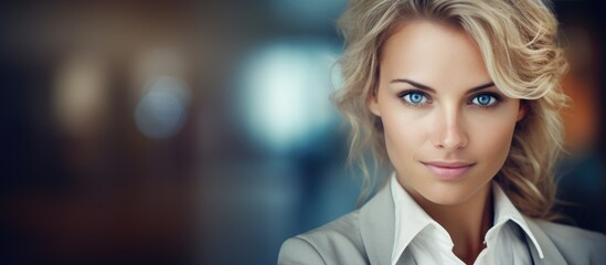 Elegant Businesswoman with Striking Blue Eyes and Blonde Hair in a Professional Portrait