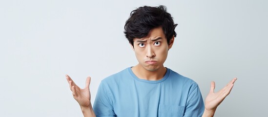 Young Chinese Man in Blue Shirt Showing Displeasure with Hand Gesture Against White Wall Background - obrazy, fototapety, plakaty
