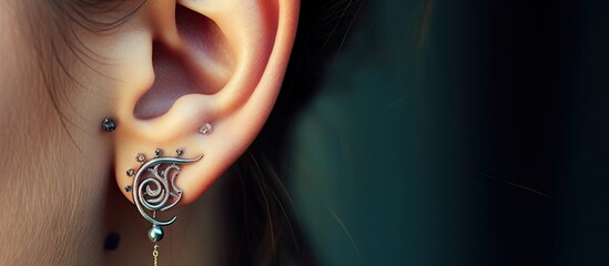 Close-up of a Woman's Silver Ear Piercing Featuring Conch and Helix Piercings - obrazy, fototapety, plakaty