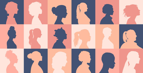 Ensemble d'illustrations de profils de femmes - Journée internationale des droits des femmes - Jour de la femme - Diversité, différence, tolérance, inclusivité - Profils féminin - Silhouettes  © Manon
