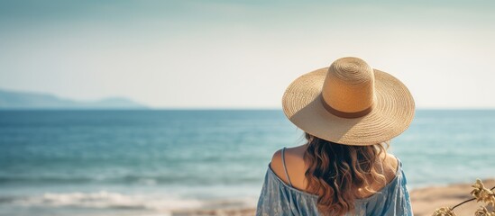 Fototapeta na wymiar Contemplative Woman in Straw Hat Gazes Longingly Across Vast Ocean Waters