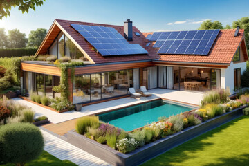 Illustration of big modern sustainable house with big windows, swimming pool and solar panels on the roof, surrounded by trees and plants. Photovoltaic system, eco friendly house concept