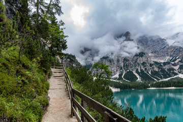 The Pragser Wildsee, Lake Braies in the Prags Dolomites in South Tyrol, Italy