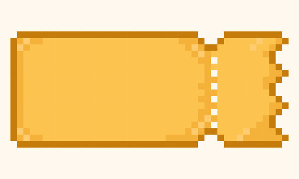 Discount pixel Coupon or Golden Ticket in retro 8-bit game style.Cinema, theater, concert, game, party. Bonus or discount gold ticket empty template. Vector illustration EPS10