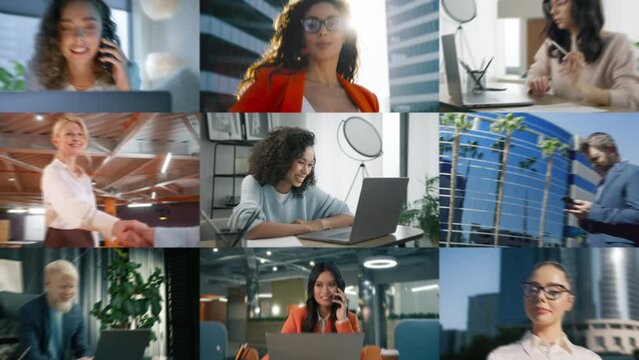 Zoom out collage of multiethnic business entrepreneur woman on video conference call. Diverse ethnic, race, age, gender group of Business people. Corporate manager using smartphone computer technology