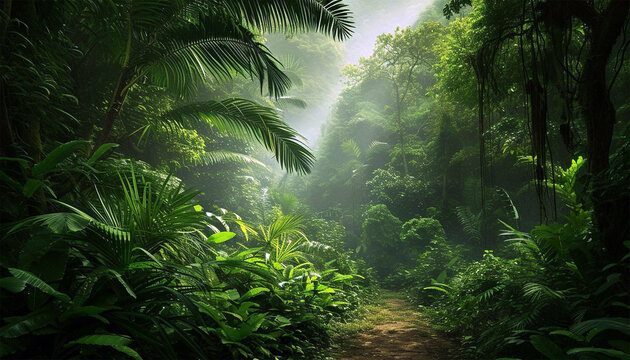 Tropical green rain forest with big trees and plants. Deep tropical jungles landscape background