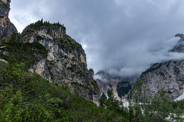Fototapeta na wymiar The Pragser Wildsee, Lake Braies in the Prags Dolomites in South Tyrol, Italy