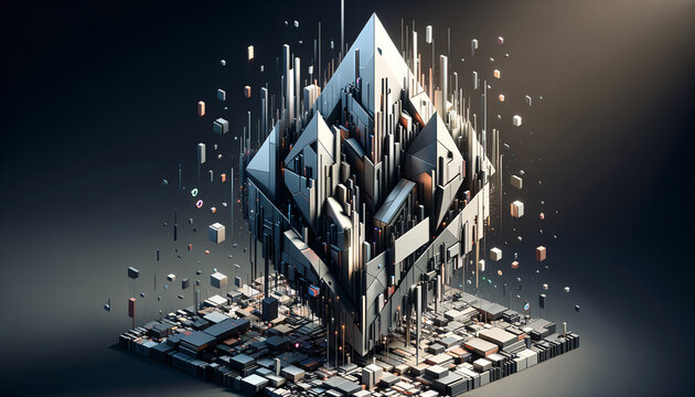 Abstract geometric structure with digital disintegration representing cryptojacking.