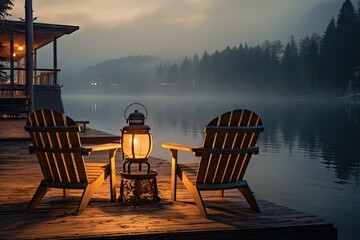 Fototapeta na wymiar Two Empty Wood Chairs, Morning Lake View, Mist Swamp Wooden Pier, Nature Landscape, Misty Night