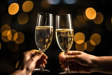 Toasting with Two Glasses of Champagne, New Years Lighting, Celebration Toast Sparkling Wine Glasses