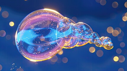 Colorful soap bubbles with bokeh effect on blue background.