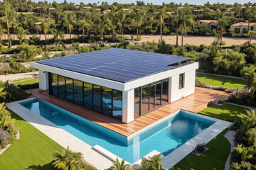 Fototapeta na wymiar Illustration of modern sustainable house with big windows, swimming pool and solar panels on the roof, surrounded by trees and plants. Photovoltaic system, eco friendly house concept