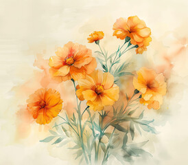 Pastel Watercolor Marigold Bouquet - Elegant Floral Art for Modern Home Decor