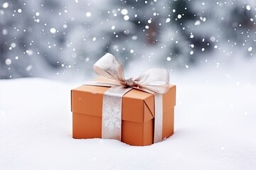 Christmas Gift Box on Snow, One Xmas Gift in Snowflakes, Generative AI Illustration