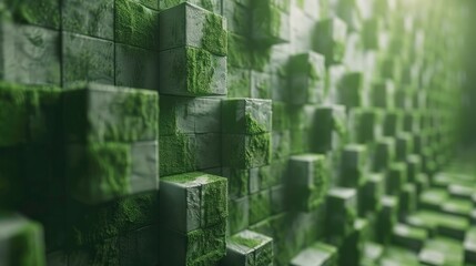 A 3D abstract image of a green geometric patterned wall.