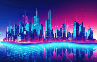 Obraz premium Neon Night City, Blue Synth Wave City-Line, Solid Violet Gradient Background, Copy Space, Banner