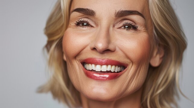 Closeup portrait of a pretty happy mature woman with beautiful white healthy teeth. AI Generated