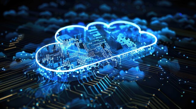 Blue cloud made of digital pixels over circuit board.