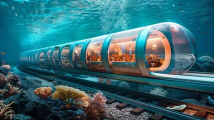 Underwater train tunnel with vibrant sealife - An underwater train tunnel offers a surreal travel experience surrounded by diverse marine life in a coral reef - obrazy, fototapety, plakaty