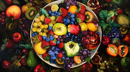 Vibrant bowl of mixed fruits on a dark table - An exquisite bowl overflowing with a colorful variety of fresh fruits set against a dark, moody background for contrast