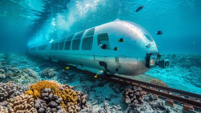 Underwater train submerged in a coral reef - This image shows a unique underwater train surrounded by vibrant coral reefs and marine life, highlighting human-made and natural wonders