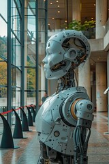 Lifelike humanoid robot head with mechanical parts, in a modern setting.