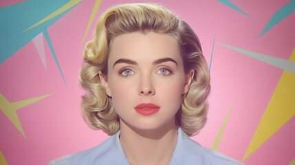 Retro style digital art of a woman with a colorful background.