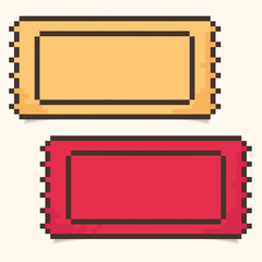 Two Discount pixel Coupons or Tickets in retro 8-bit game style.Cinema, theater, concert, game, party. Yellow and red colors.Bonus or discount ticket empty template. Vector illustration EPS10 - obrazy, fototapety, plakaty