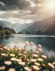 Foto op Canvas Beautiful landscape of a lake, mountains, and flowers with sun is shining © Murad Mohd Zain