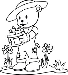 a vector illustration of a bear farmer holding a bucket of apples in black and white