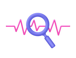 3D Pulse line with magnifying glass. Single heartbeat, cardiogram. Pulse beat measure, cardiac assistance