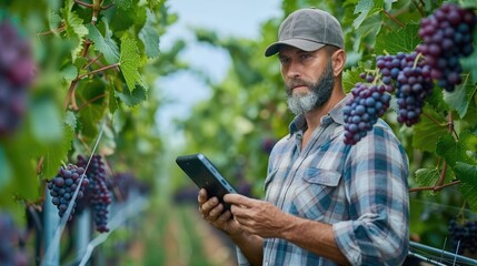 Vintner in cap using tablet among grapevines in vineyard.