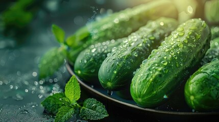 Wet cucumbers and mint on a moist dark surface with water drops.