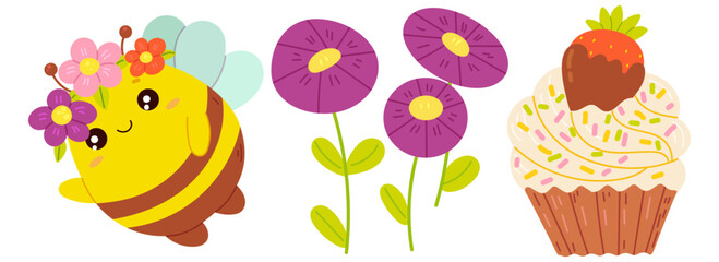 Spring set with a cute bee, flowers and delicious cupcake. Poster, card, scrapbooking, sticker kit. Hand drawn vector.